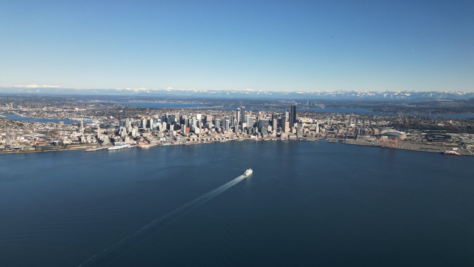 Aerial photograph of the Seattle skyline seen from over Elliott Bay