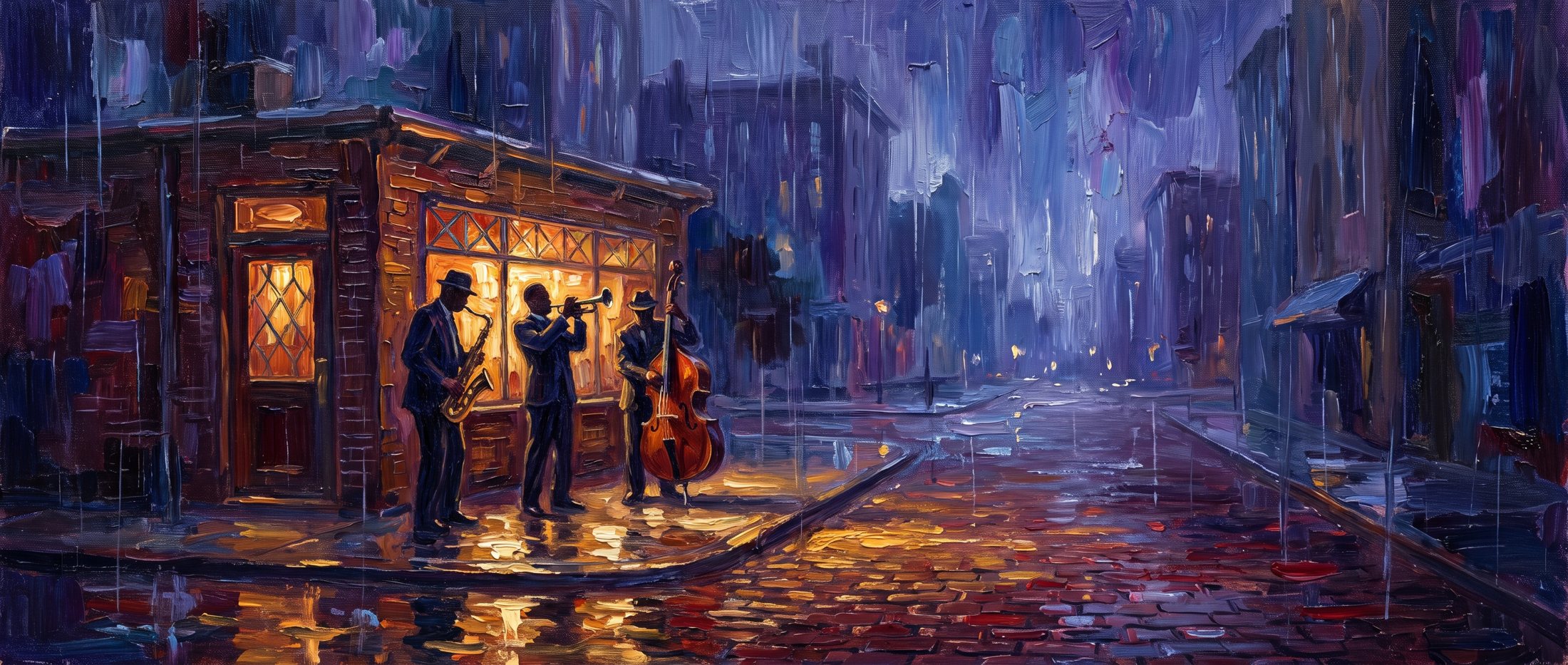 Oil painting of musicians with a saxophone, trumpet and upright bass playing outside a lit corner club on a rain-slick street at night