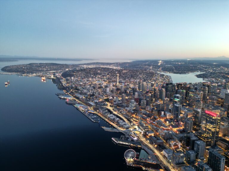 Aerial view of Seattle waterfront and coastline looking north