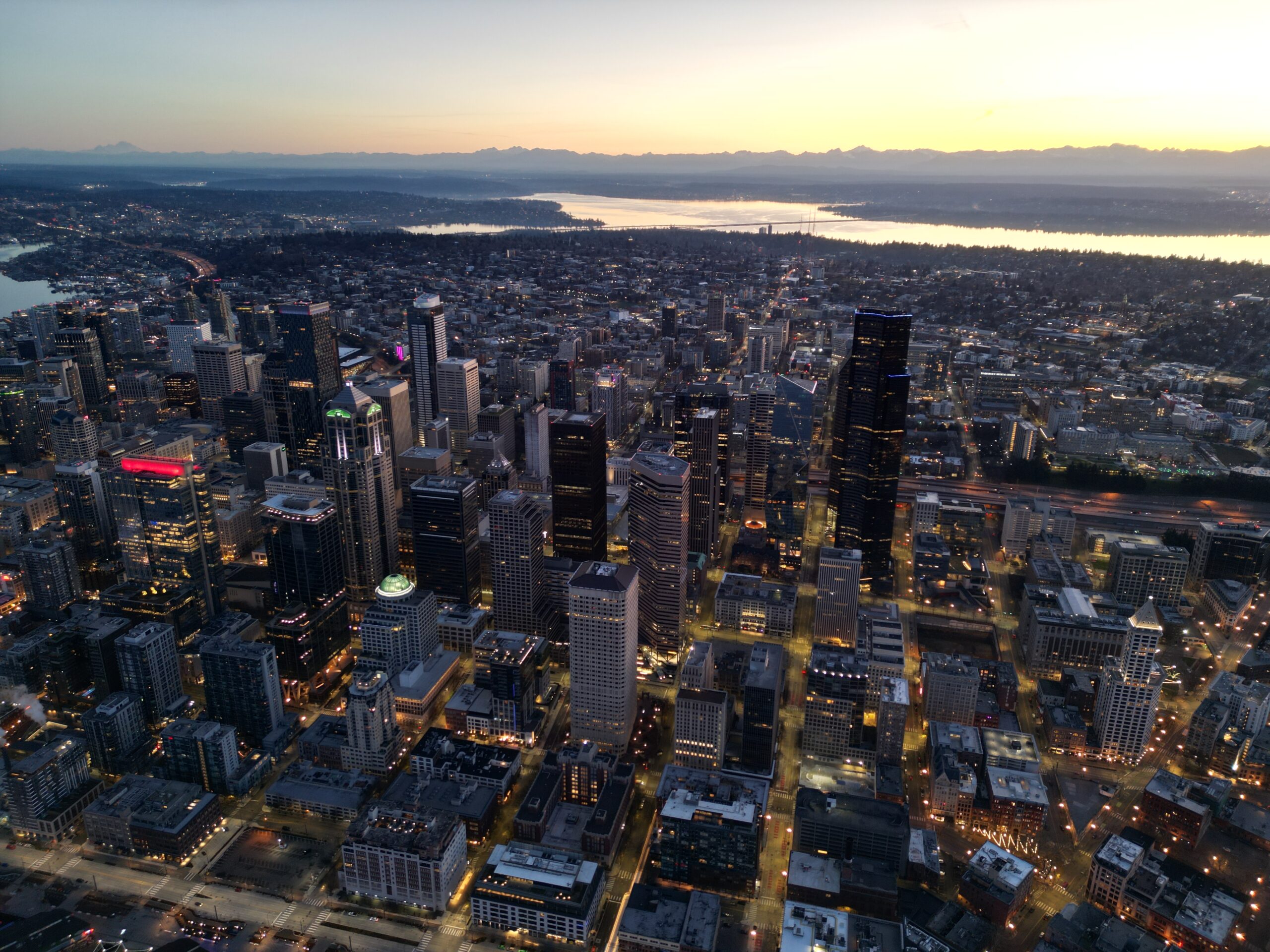 Seattle downtown skyline at golden hour looking east toward Lake Washington