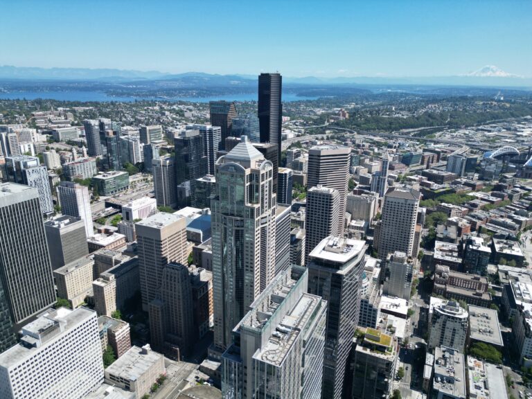 Downtown Seattle business district with Mount Rainier in the distance